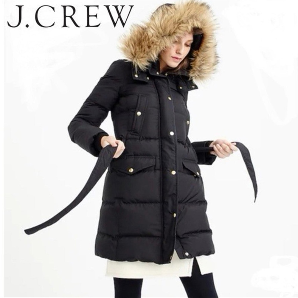 J. Crew Women's Black Puffer Jacket with Faux Fur Hood